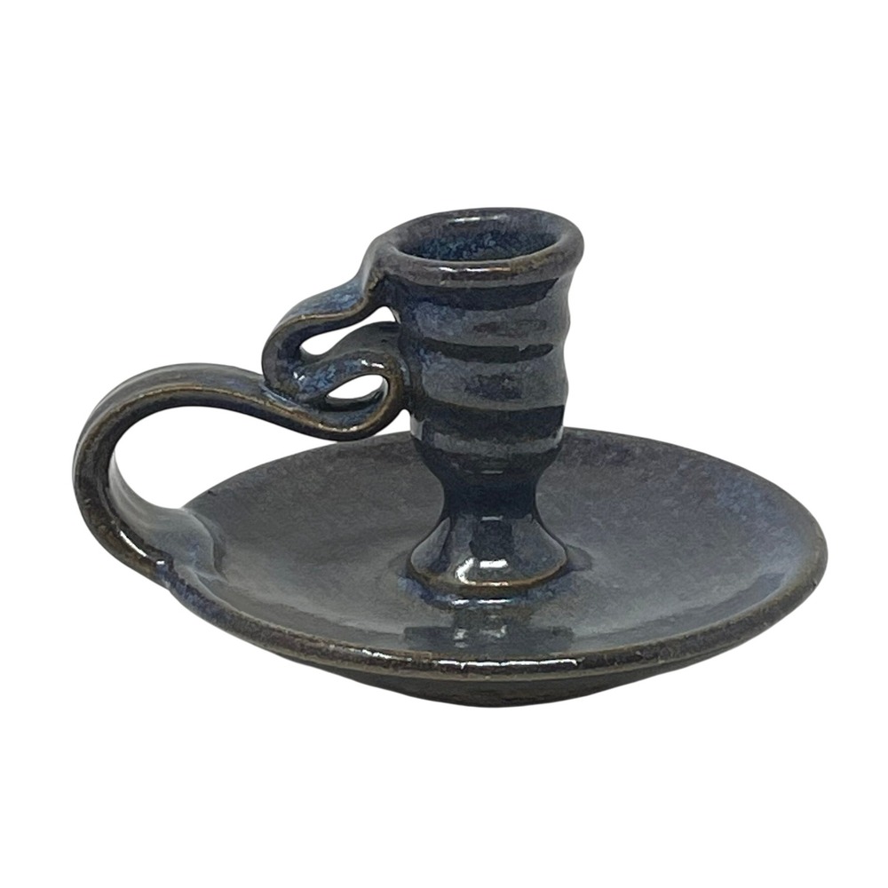 Studio Art Pottery Chamberstick Candle Holder Blue Speckled Rustic Artist Signed